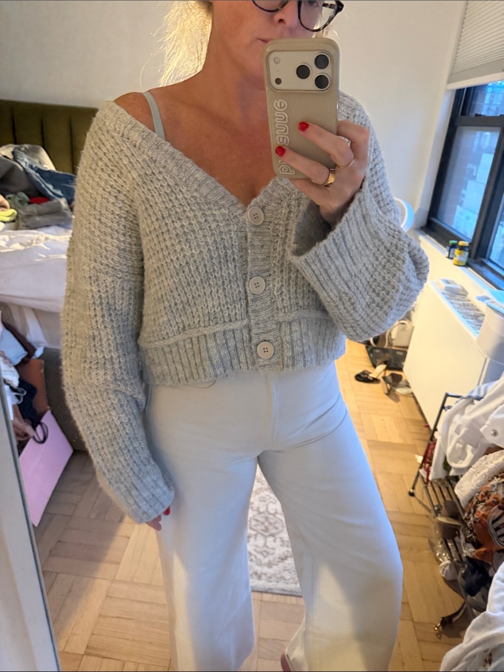 Derek Heart Light Gray Cropped Button Cardigan